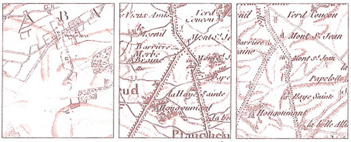 The far left map is the original hand-drawn map, which was used to make the two printed version on the right which were used by Napoleon and his army at Waterloo. In the original map, the Mont Saint-Jean farm is situated to the right of the road, while on the printed versions, the farm is shown as being to the left of the road.