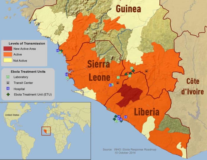 Ebola outbreak distribution map for West Africa. Source: CDC, October 10, 2014.