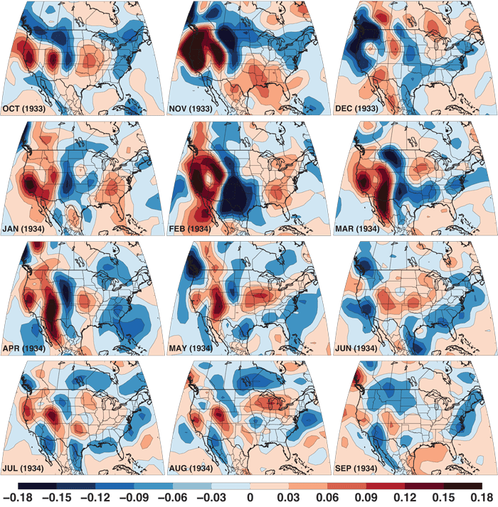 Monthly 700 hPa vertical velocity anomalies (Pa/s) from October of 1933 through March of 1934, calculated from the 20th Century Reanalysis. All anomalies are calculated relative to the baseline period of 1931–1990.