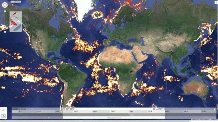Atlantic view of fishing activity on Global Fishing Watch.