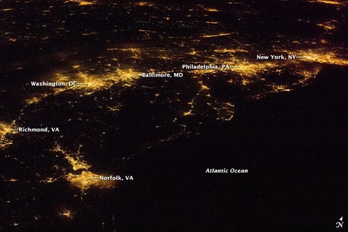 Nasa image showing the Eastern Seaboard at night. One can see New York City, Philadelphia, the Washington Metropolitan Area all in the foreground, while Chicago, Cleveland, Detroit, Niagara and Toronto can be seen in the background.