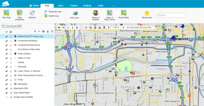 GIS data was collected to make a custom map for collecting information about Milwaukee's homeless population in the field.