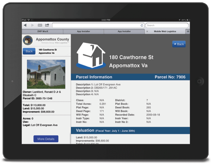 An iPad screen showing a property look up application.