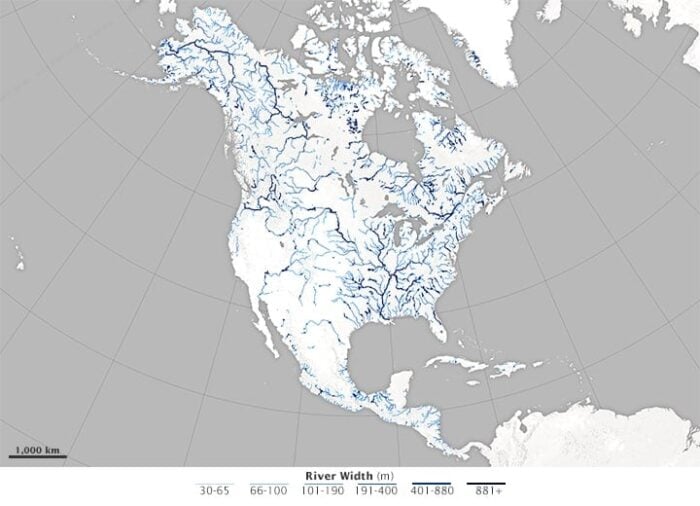 Map of river widths for North America. The darker the blue, the wider the river. Source: NASA.