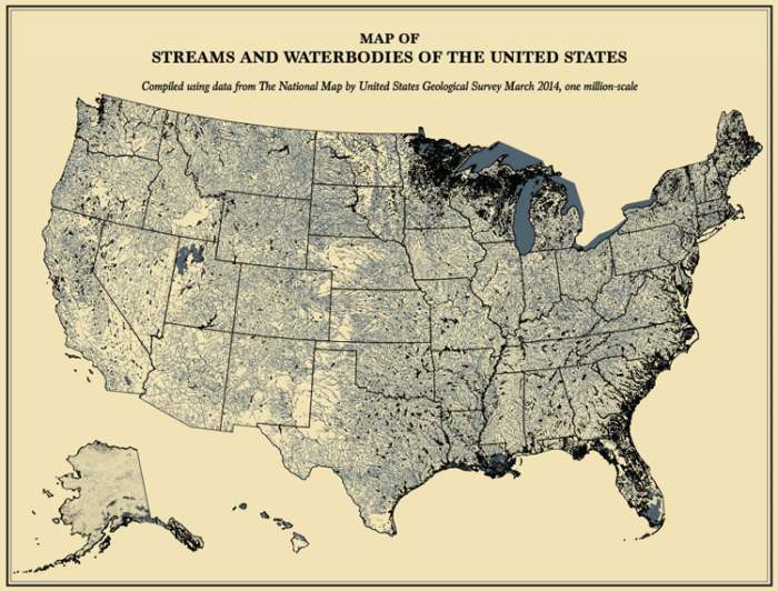 Map showing the streams and waterbodies of the US with data from the USGS, 2014. Map: Yau, FlowingData.