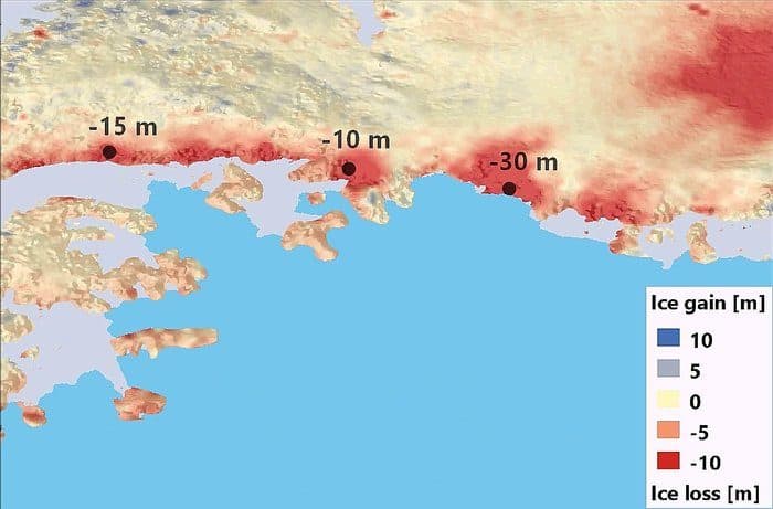 Some areas of the Southern Antarctic Peninsula have lost up to 30 m in ice since 2009. Source: University of Bristol