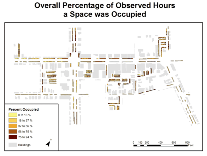 Figure 1.0: This map displays the overall percentage of observed hours that a space was occupied over the six-day study.