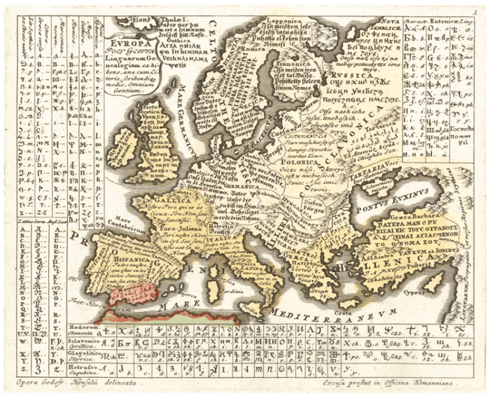 Europa Polyglotta (1741) by Gottfried Hensel. Source: Wikimedia Commons.