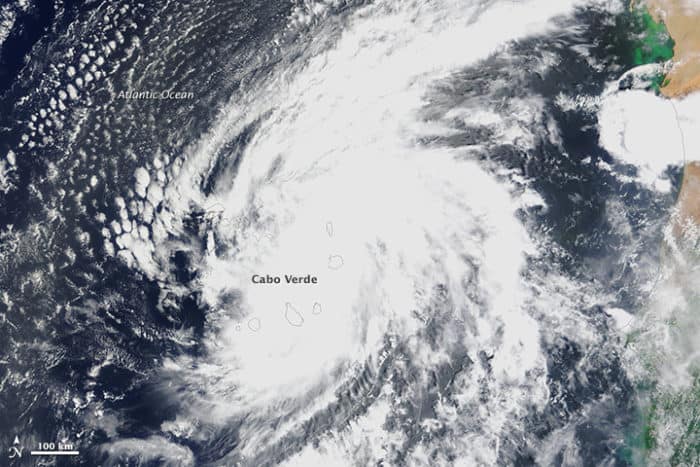 The Moderate Resolution Imaging Spectroradiometer (MODIS) on NASA’s Terra satellite acquired this natural-color image of Fred off the west coast Africa at 11:15 a.m. Cabo Verde time (12:15 Universal Time) on August 31, 2015. Source: NASA