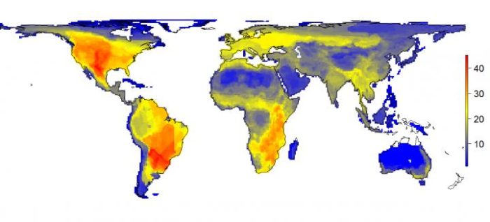 The natural diversity of large mammals is shown as it would appear without the impact of modern man (Homo sapiens). The figure shows the variation in the number of large mammals (45 kg or larger) that would have occurred per 100 x 100 kilometer grid cell. The numbers on the scale indicate the number of species. Credit: Soren Faurby