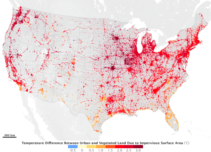 Map showing the urban heat island effect. Source: NASA