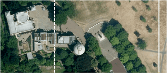 The Airy meridian marked as the “Prime Meridian of the World” (dotted line), and the modern reference meridian indicating zero longitude using GPS (solid line). (Imagery © 2014 Google Maps, Infoterra Ltd. & Bluesky)