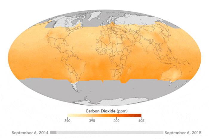 A full year's data collection of carbon dioxide measurements from Orbiting Carbon Observatory-2 (OCO-2) . Source: NASA