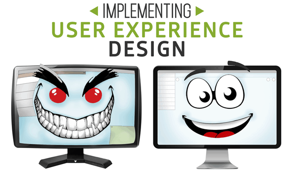 Two computers, one with an angry face and one with a happy face.