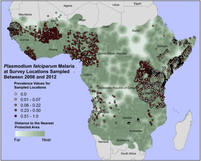 Geographic distribution of malaria in Sub-Saharan Africa. Malaria prevalence survey locations and values overlaid upon the distance to the nearest protected area for Sub-Saharan Africa within the malaria zone. From Taber and Smitchwick, 2015.