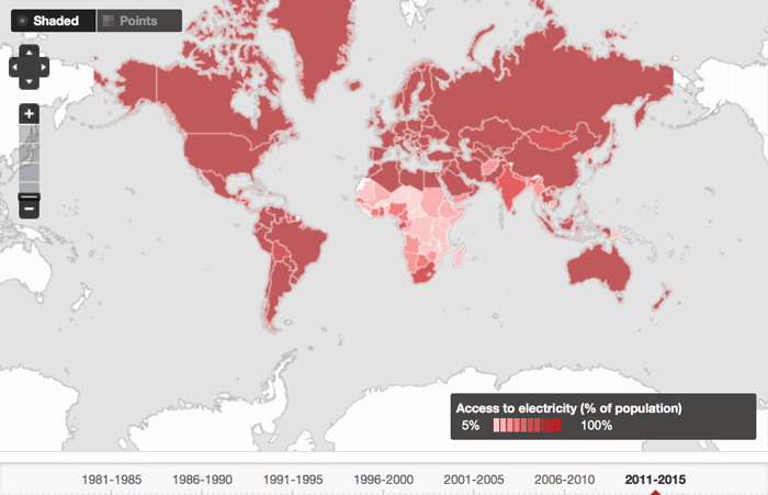 Map showing the percentage of population with access to electricity. Source: World Bank, 2011-2015.