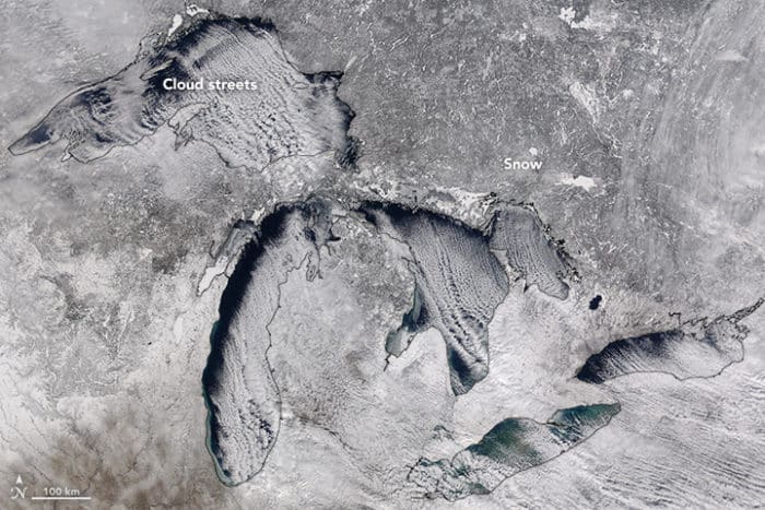 Cloud streets over the Great Lakes, February 110, 2016. NASA image by Jeff Schmaltz, LANCE/EOSDIS Rapid Response.