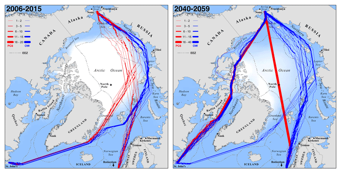 Modeled optimal September navigation routes for hypothetical ships seeking to cross the Arctic Ocean between the North Atlantic (Rotterdam, The Netherlands and St. John’s, Newfoundland) and the Pacific (Bering Strait) during consecutive years 2006–2015 and 2040–2059. Source: Smith and Stephenson, 2013.
