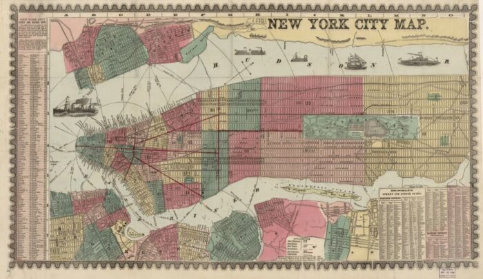 A 19th century colored map showing New York City's street grid pattern.