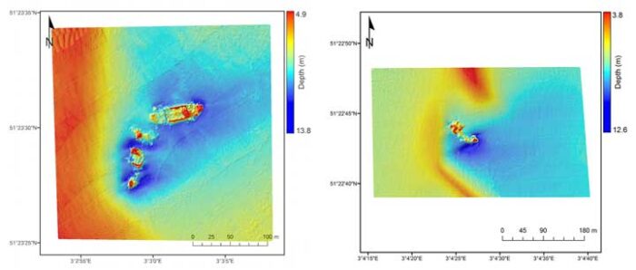 Elevation models show the SS Sansip (left) and the SS Samvurn (right) as imaged by a multibeam echosounder. Both of these ships leave sediment plumes detectable by Landsat 8 during ebb and flood tides. Source: Matthias Baeye et al