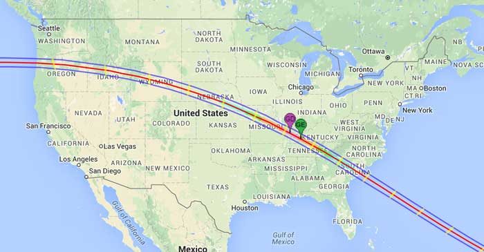Screenshot from NASA's Interactive map of the path of the Total Solar Eclipse of 2017 Aug 21. The northern and southern path limits are blue and the central line is red. The green marker labeled GE is the point of Greatest Eclipse. The magenta marker labeled GD is the point of Greatest Duration.