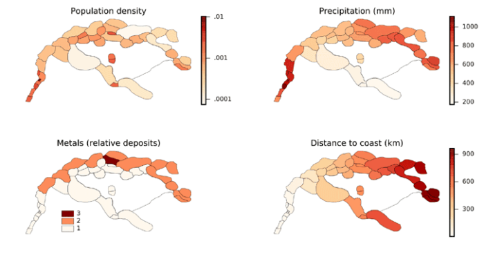 A selection of independent predictors of invasion frequency mapped on the study area of Assyria and surrounding states. From Baudains et al, 2015.