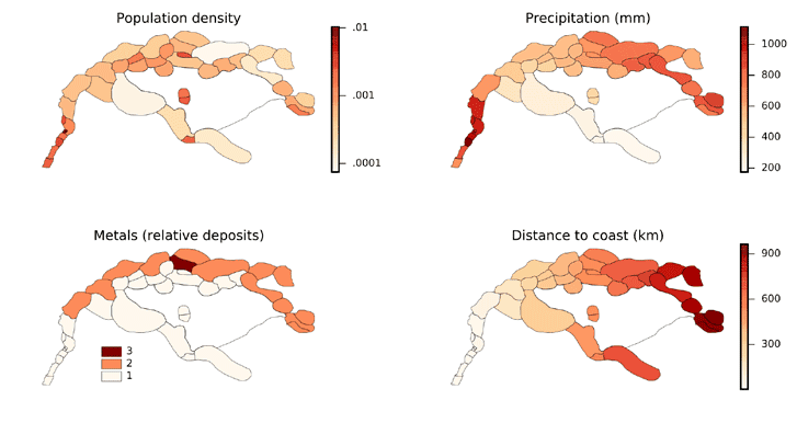 A selection of independent predictors of invasion frequency mapped on the study area of Assyria and surrounding states. From Baudains et al, 2015.