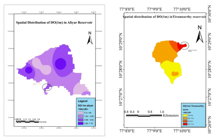 Fig 1: An Inverse Distance Weightage model of the Dissolved Oxygen at 1m depth in Aliyar reservoir and tirumoorthy reservoir in India