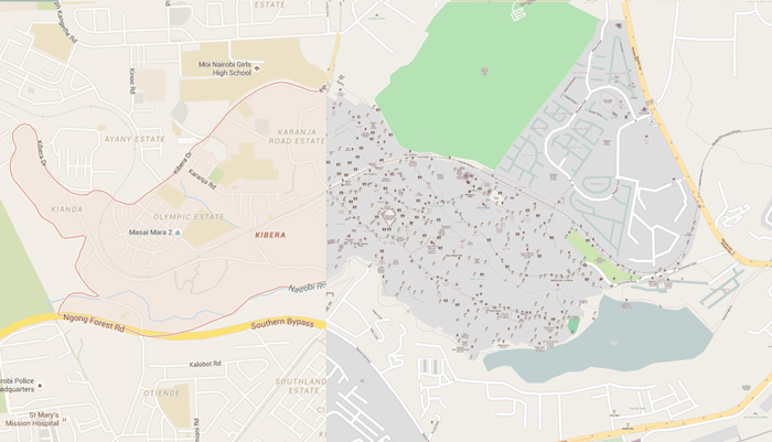 The blank pink shaded area on the left shows the geographic information available for Kibera before the crowdsourced effort by Spatial Collective filled in geographic data (right).