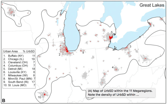 Map and summary table of Urban stream deserts (UrbSDs) within the Great Lakes Megaregion. The inset table summarizes the ten largest UrbSD Urban Areas (UAs). From: Napieralski and Carvalhaes, 2016.
