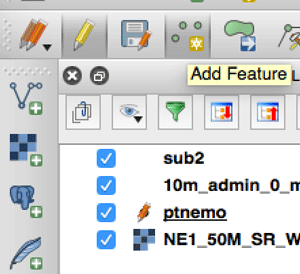 Screenshot showing the editing toggle icon in QGIS.