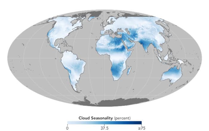Cloud cover based on 15 years of satellite observations captured by the Moderate Resolution Imaging Spectroradiometer (MODIS) sensors on NASA’s Aqua and Terra satellites.