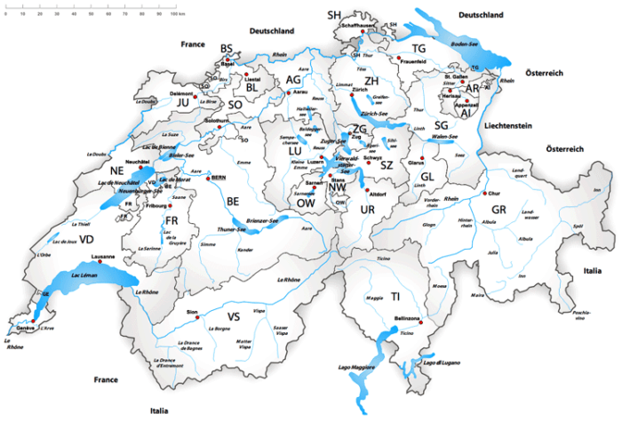 Map of Swiss lakes and rivers. Map: Karte Schweiz by Tschubby, under license C BY-SA 3.0, MediaWiki Commons.