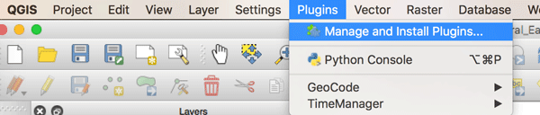 Screenshot showing how to access QGIS plugins.