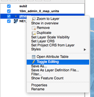 Screenshot showing the toggle editing option in QGIS.
