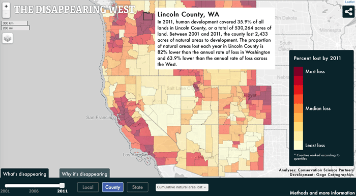 Screenshot from a web map showing the disappearance of natural land in western United States.