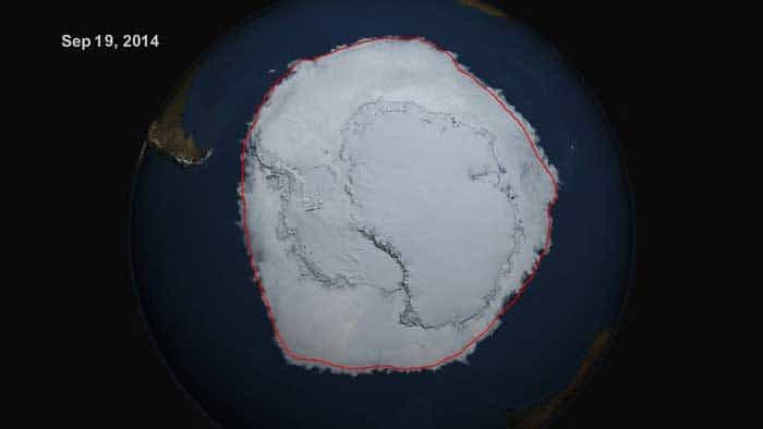 On Sept. 19, 2014, the five-day average of Antarctic sea ice extent exceeded 20 million square kilometers for the first time since 1979, according to the National Snow and Ice Data Center. The red line shows the average maximum extent from 1979-2014. Credits: NASA's Scientific Visualization Studio/Cindy Starr