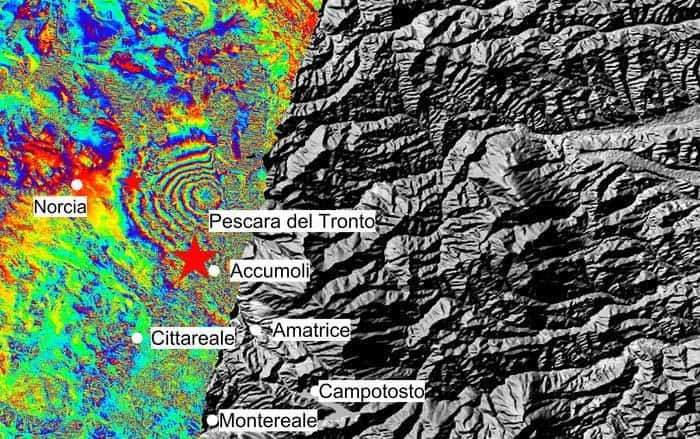 Interferogram showing the ground deformation caused by the August 24, 2016 earthquake in Italy. Source: modified Copernicus Sentinel data (2016)/ESA/ CNR-IREA.