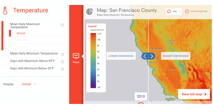 Climate Explorer lets users adjust map settings to see predicted temperature changes.