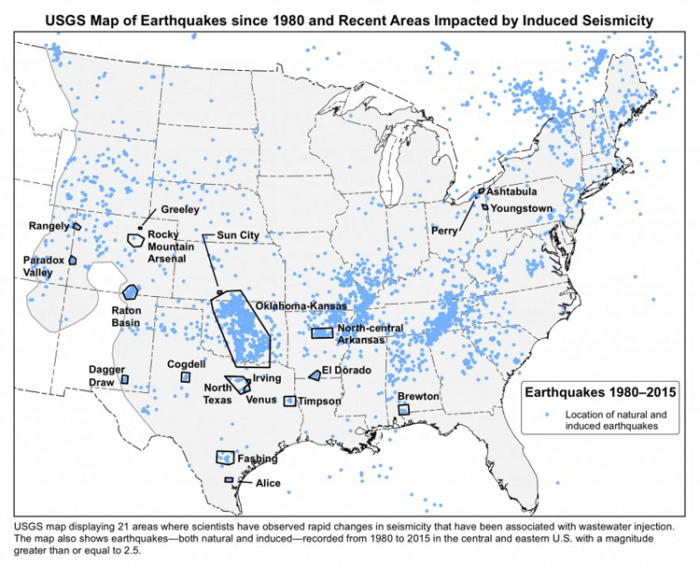 A simple map of the continental United States overlayed with areas of fracking in blue.