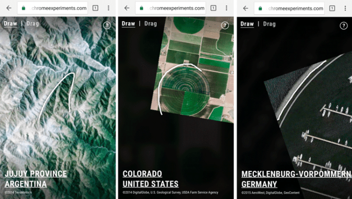 Screenshots showing Land Lines matching scribbles to satellite imagery features.