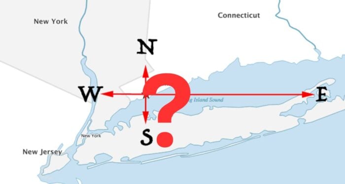 Map showing how traveling due north, south, east, or west from Stamford, Connecticut results in travel that passes through the state of New York with a large red question mark over the map to obscure the name.