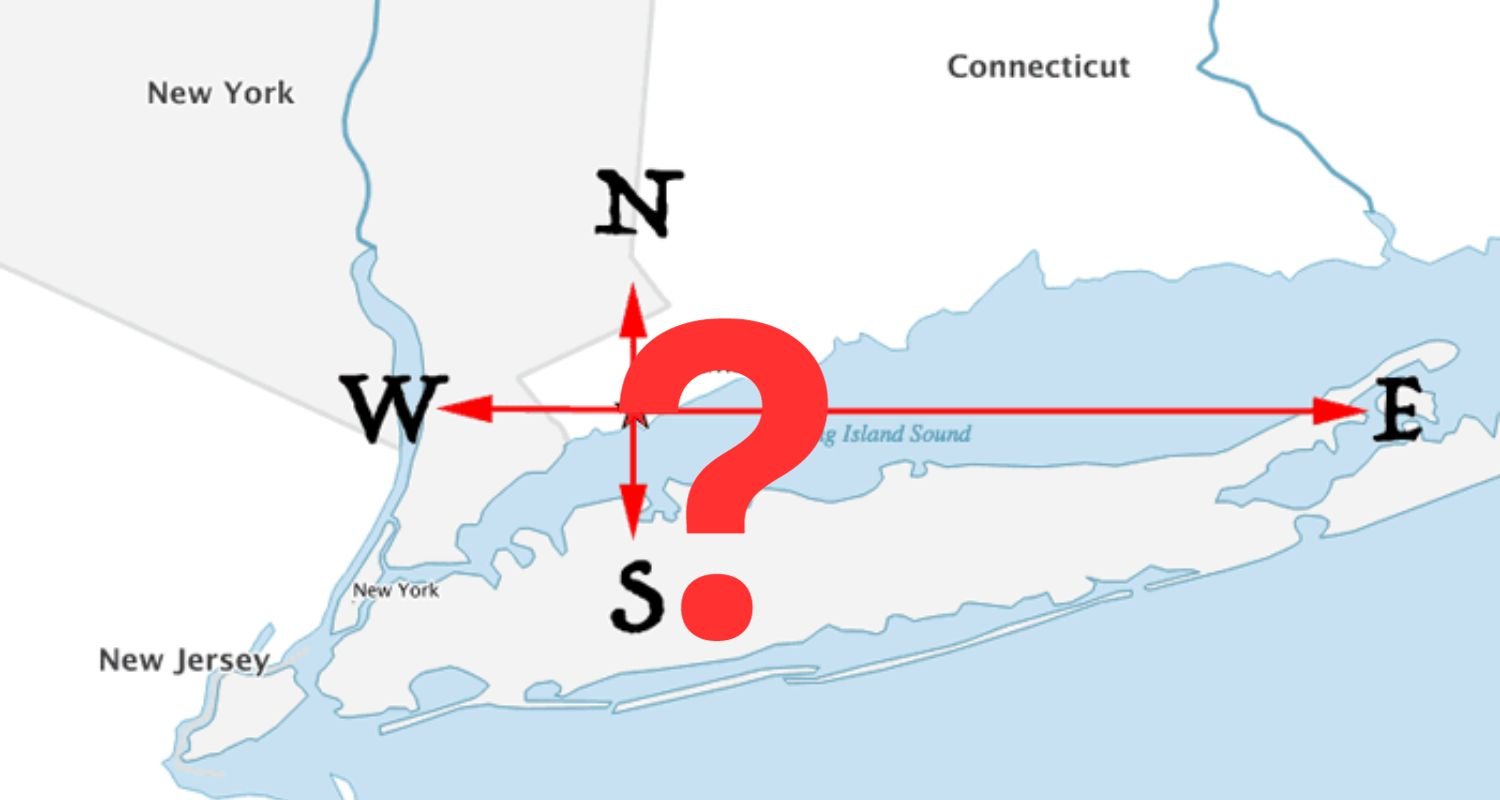 Map showing how traveling due north, south, east, or west from Stamford, Connecticut results in travel that passes through the state of New York with a large red question mark over the map to obscure the name.