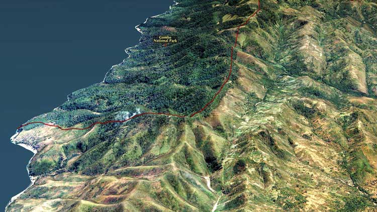 The red line delineates the boundary of Gombe National Park and shows the stark difference in the forested land cover of the park versus the unprotected areas. Image: NASA/Goddard Scientific Visualiztion Studio/Cindy Starr