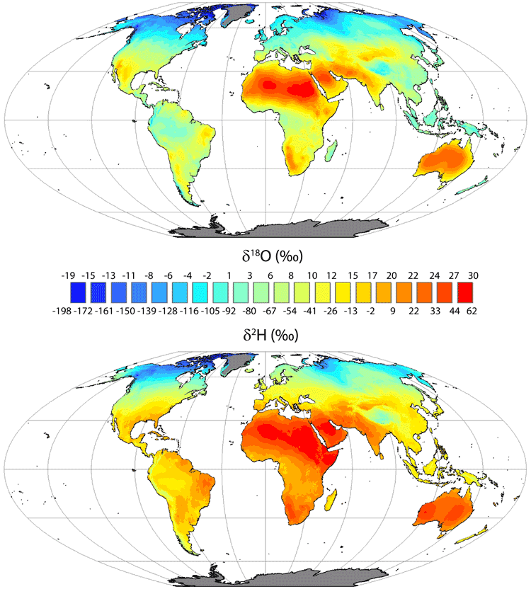 Global mean annual average leaf water δ18O and δ2H isoscapes for the sites of evaporation within leaves. Figure: West, Sobek, & Ehleringer, 2008.