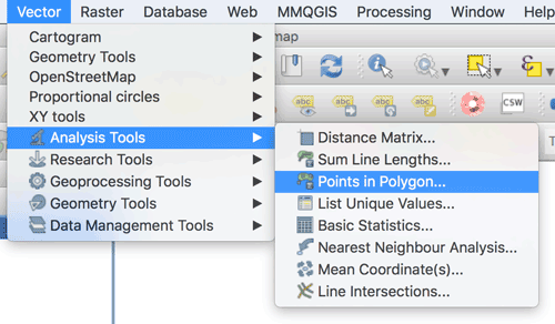 Screenshot showing the "count points in polygon" tool in QGIS.