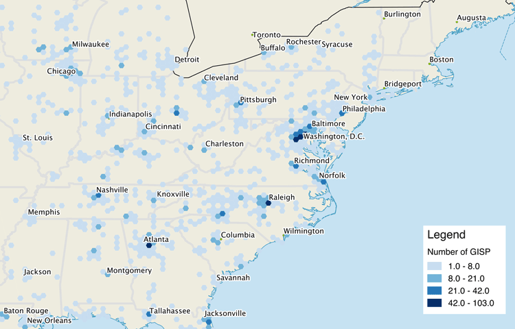 A clipped view of the north eastern coast area of the United States showing hex bins with blue gradient.