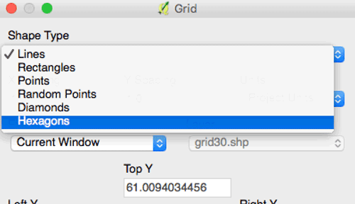 The interface for selecting the type of shape to make the grid in QGIS.