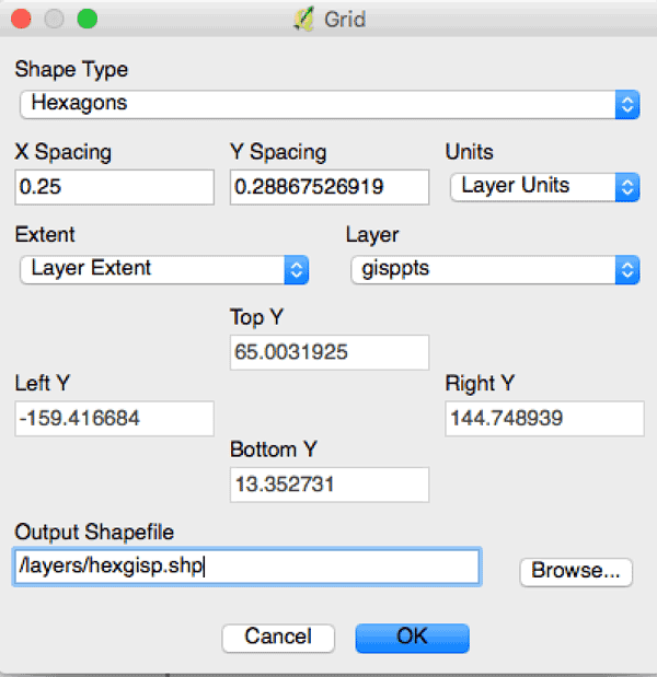 Screenshot showing the interface for setting the extent of the grid layer in QGIS.
