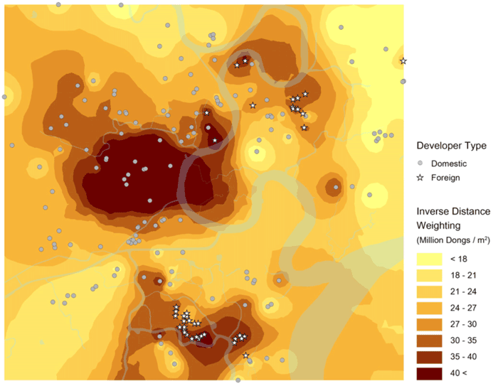 Spatial interpolation of median price per square meter and developer type. Map: Jung, Huynh, & Rowe, 2013. 
